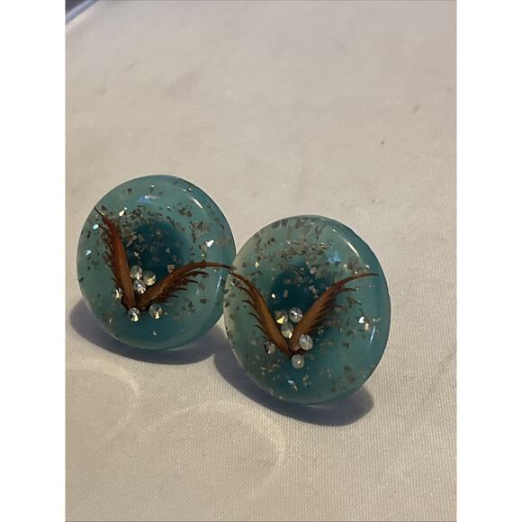 Vintage Lucite Clip On Earrings Blue with Glitter and Rhinestones - Picture 2 of 3